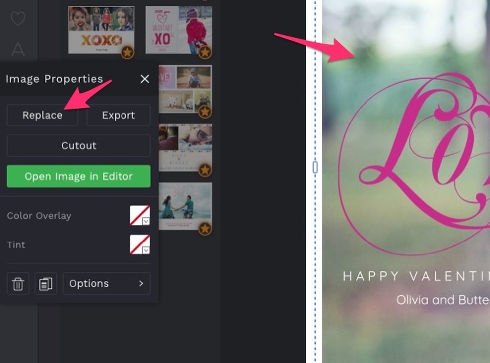 Ação para visualizar a ferramenta para alterar imagens em um modelo de cartão do Dia dos Namorados no site Befunky — Foto: Reprodução/Marvin Costa