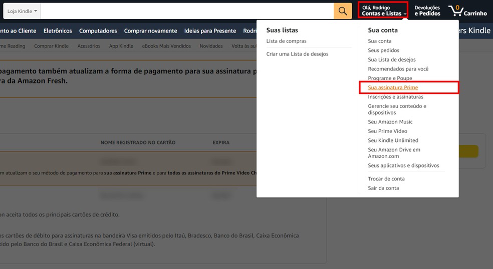 Procedimento para acessar menu de configurações da Amazon para cancelar assinatura — Foto: Reprodução/Rodrigo Fernandes