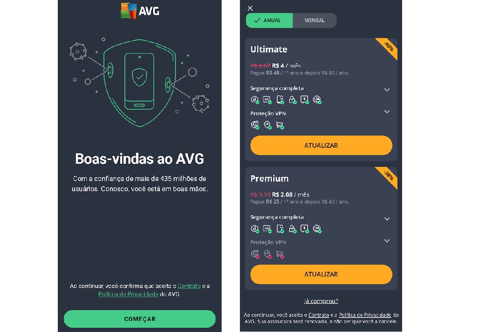 O AVG possui diferentes planos para o antivírius — Foto: Reprodução/AVG