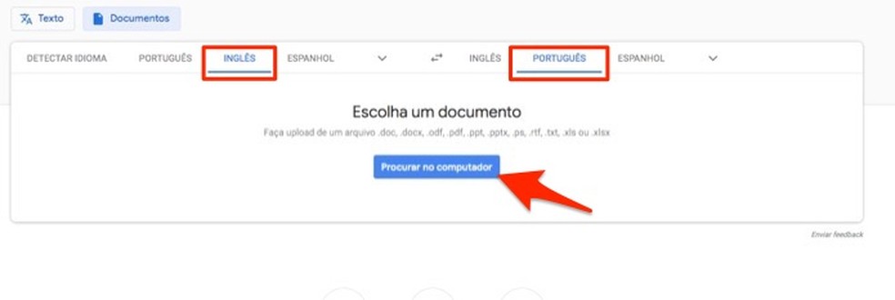 Ação para abrir a ferramenta para upload de arquivos no Google Tradutor — Foto: Reprodução/Marvin Costa