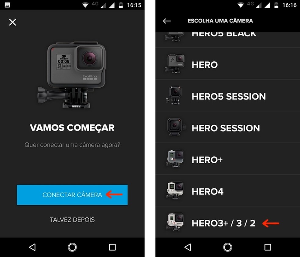 Seleção do modelo da GoPro que será emparelhada com o app para smartphone — Foto: Reprodução/Raquel Freire