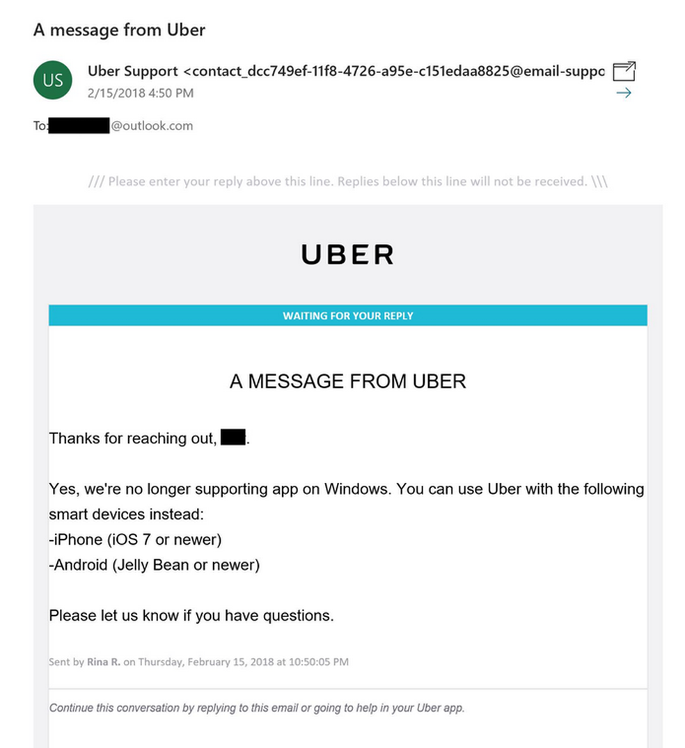 Confirmação da equipe de suporte do Uber sobre fim do app no Windows 10 Mobile — Foto: Reprodução/MSPowerUser