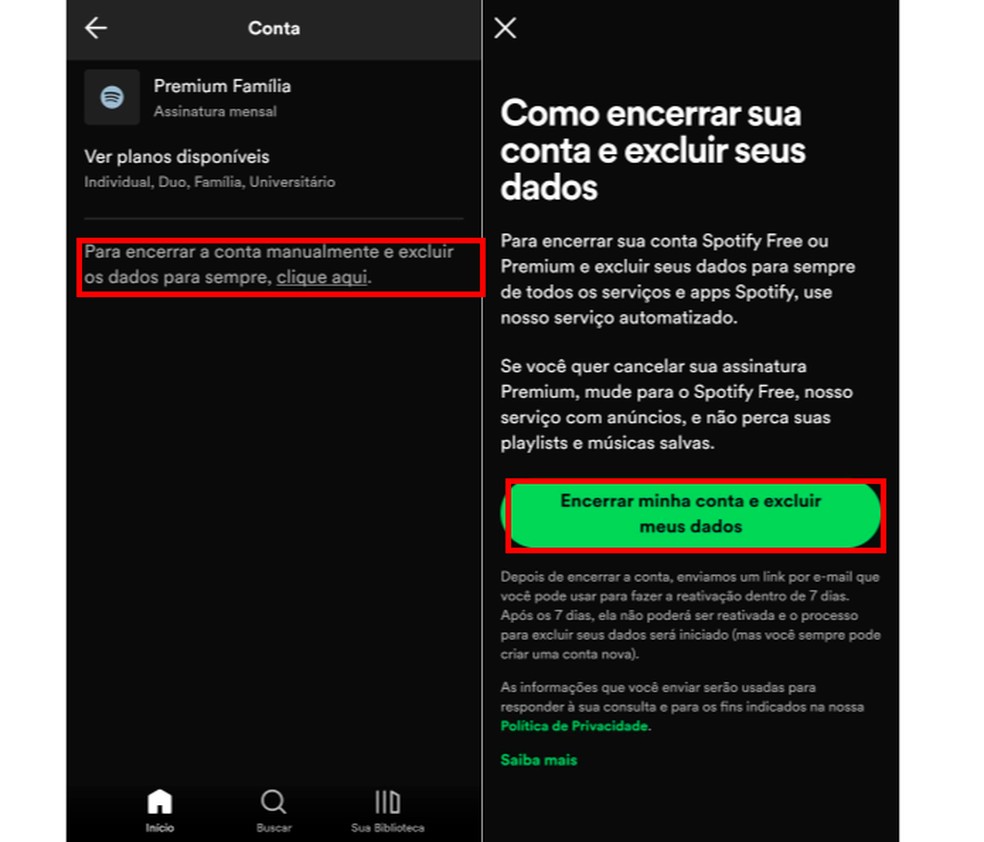 Para excluir a conta do Spotify, toque em "Clique aqui" e depois em "Encerrar minha conta e excluir meus dados" — Foto: Reprodução/Carolina Torres