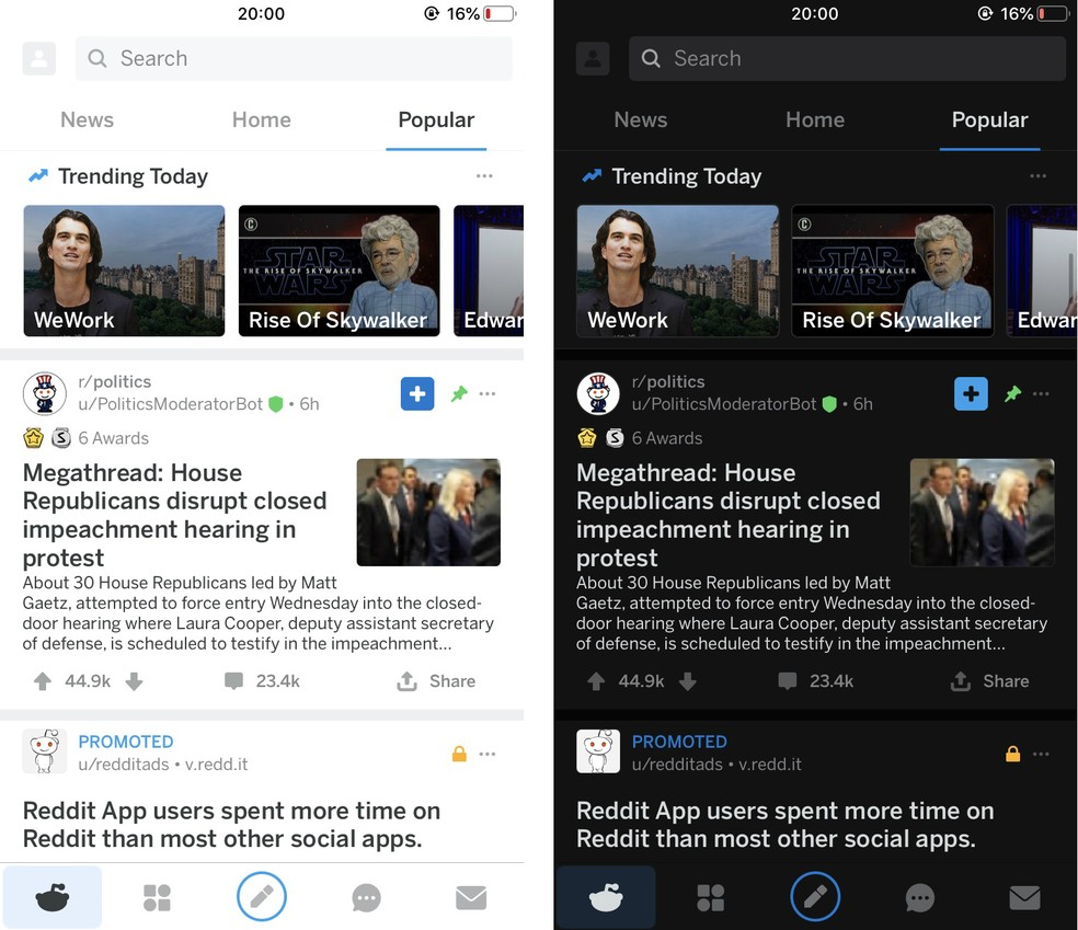 Reddit também tem modo noturno no celular — Foto: Reprodução/Rodrigo Fernandes