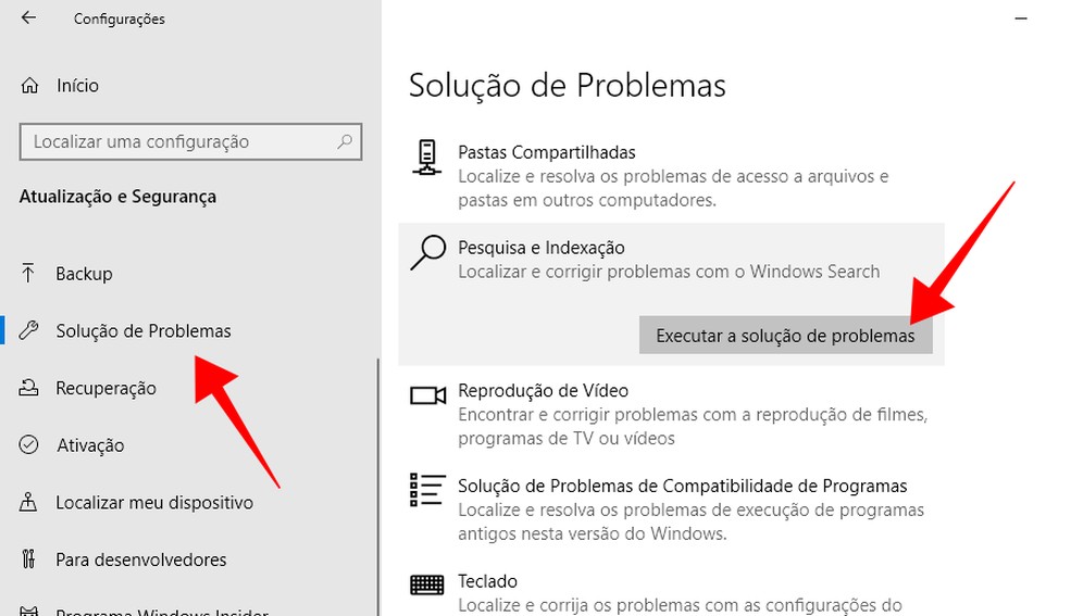 Inicie o assistente de solução de problemas de indexação — Foto: Reprodução/Paulo Alves