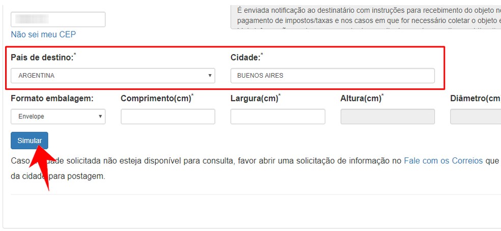 É preciso informar o país e a cidade de destino para calcular frete internacional no site dos Correios — Foto: Reprodução/Rodrigo Fernandes