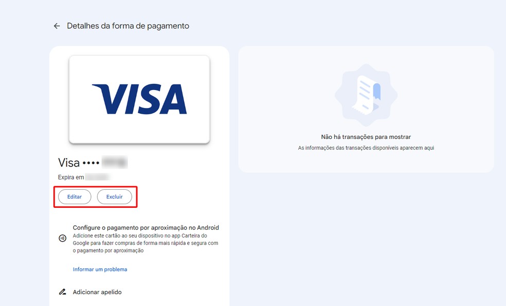 Carteira do Google: como excluir ou editar cartão da conta? Saiba como — Foto: Reprodução/Rodrigo Fernandes