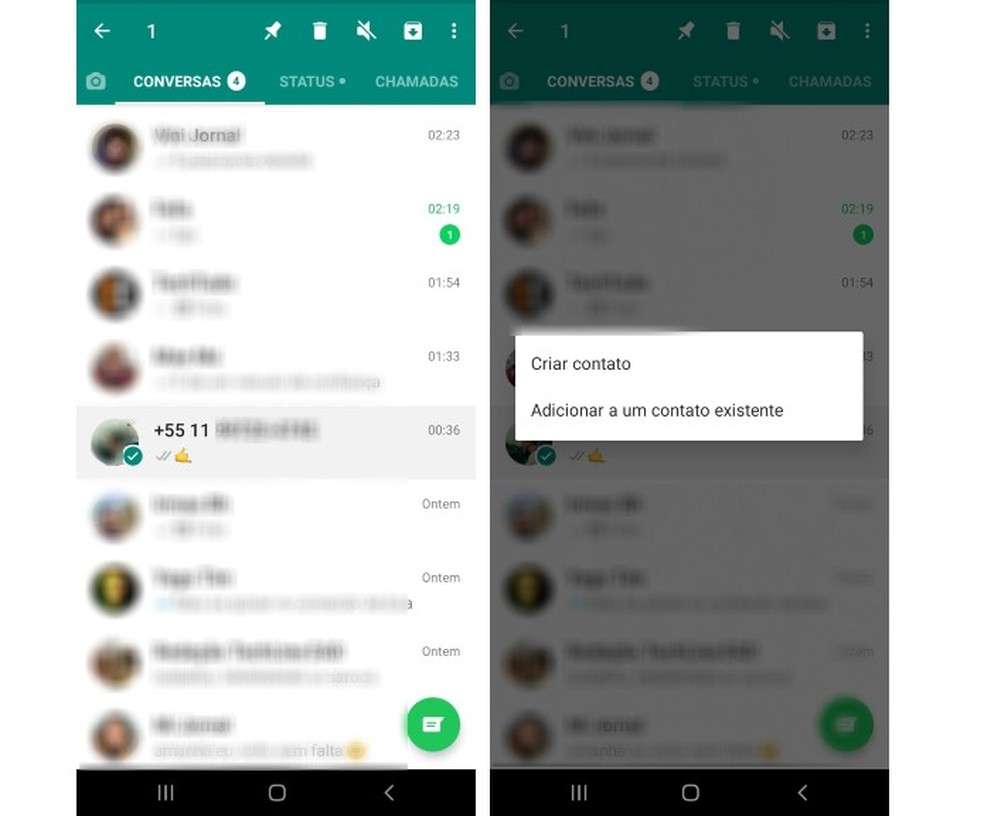 Toque em "Criar contato" para adicionar um usuário pelo WhatsApp — Foto: Reprodução/Marcela Franco