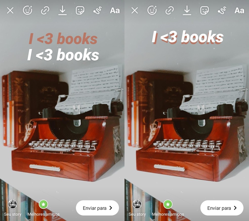 Sobreponha dois textos iguais para criar efeito de sombra no Instagram Stories — Foto: Reprodução/Ana Letícia Loubak