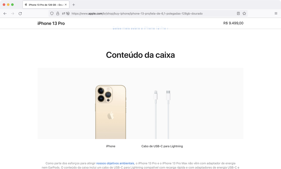 Loja oficial da Apple lista somente cabo de dados/energia na caixa do iPhone 13 — Foto: Reprodução/Apple