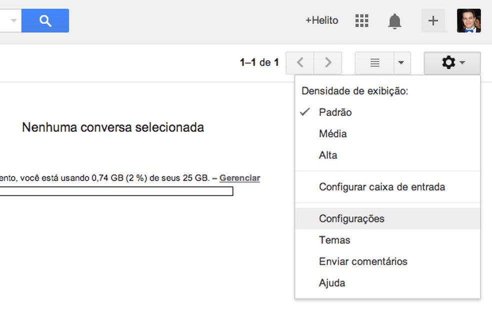 Acessando as configurações do Gmail (Foto: Reprodução/Helito Bijora) — Foto: TechTudo