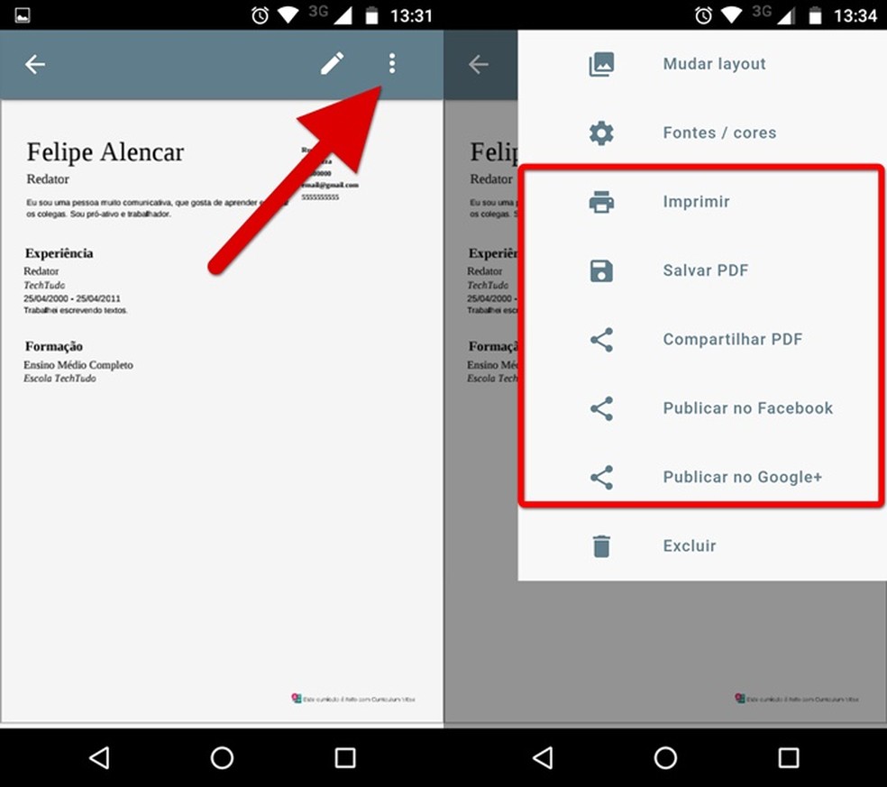 Salve ou compartilhe o seu currículo (Foto: Felipe Alencar/TechTudo) — Foto: TechTudo