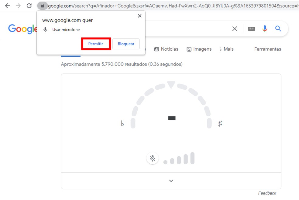 Afinador online de ukulele: Google pede autorização para capturar som do usuário com o microfone do dispositivo — Foto: Reprodução/Rodrigo Fernandes