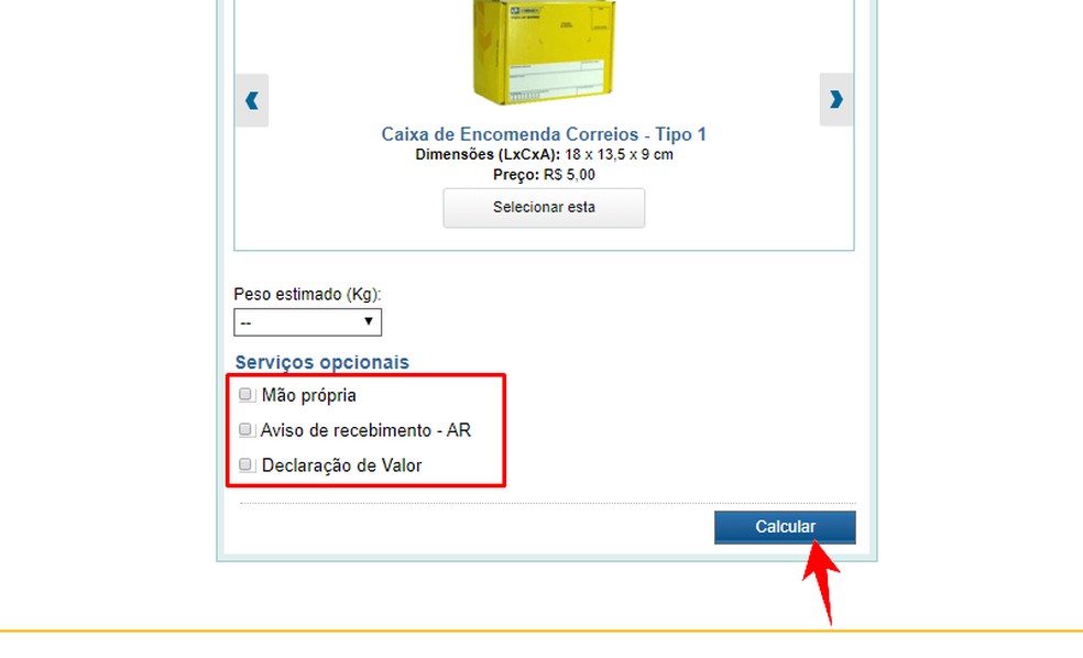 Site dos Correios permite marcar serviços opcionais para calcular frete — Foto: Reprodução/Rodrigo Fernandes