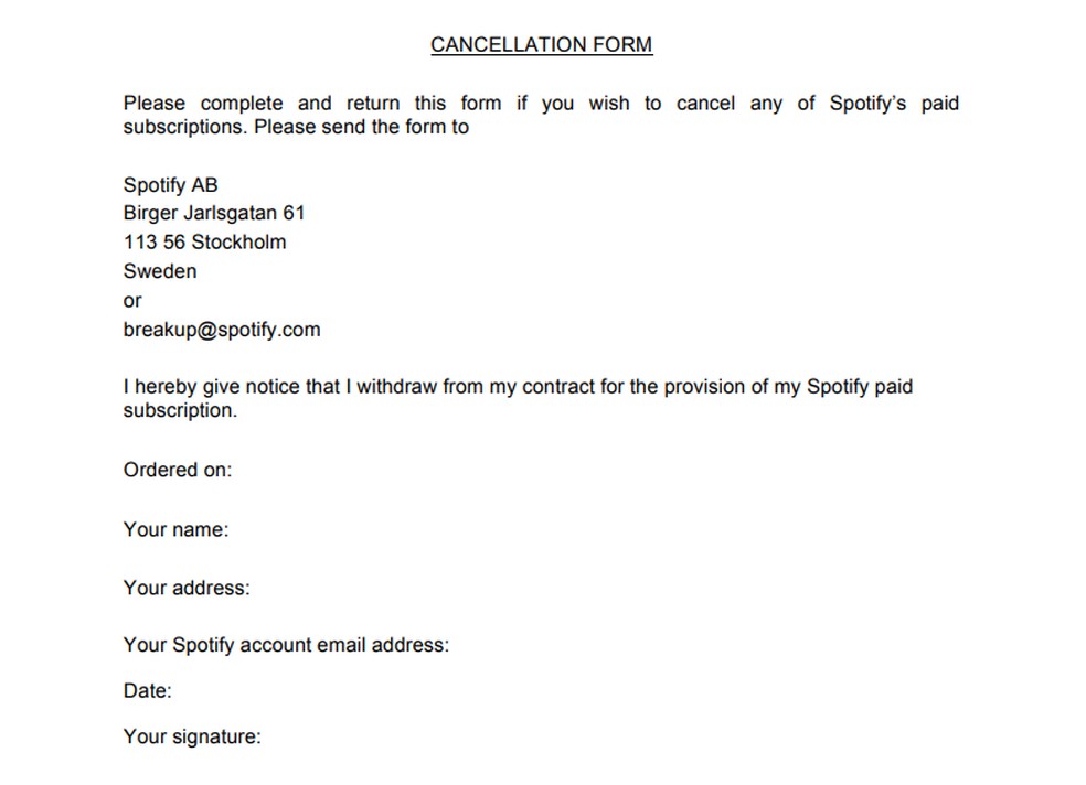 Cancelar Spotify Premium também é possível mediante envio de um formulário por e-mail — Foto: Reprodução/Rodrigo Fernandes