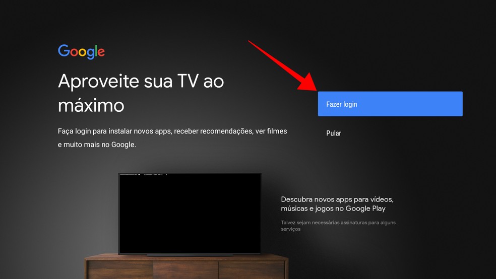 Faça login na sua conta do Google para usar o Mi TV Stick da Xiaomi — Foto: Reprodução/Paulo Alves