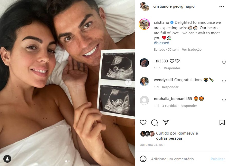 Terceira foto mais curtida do Instagram é um post conjunto de Cristiano Ronaldo e sua esposa, Georgina Rodriguez, anunciando sua gravidez de gêmeos. — Foto: Reprodução/Instagram