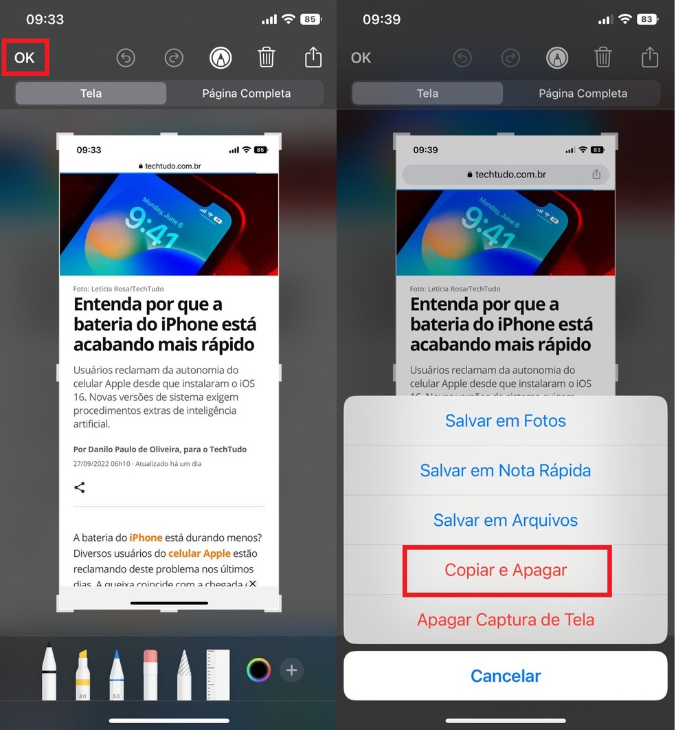 Recurso do iOS 16 permite copiar e colar prints sem que as imagens fiquem salvas na galeria — Foto: Reprodução/Clara Fabro