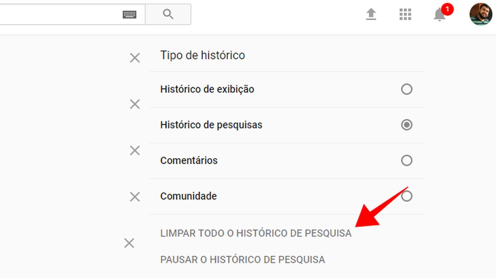 Remova o histórico completo de pesquisas do YouTube — Foto: Reprodução/Paulo Alves