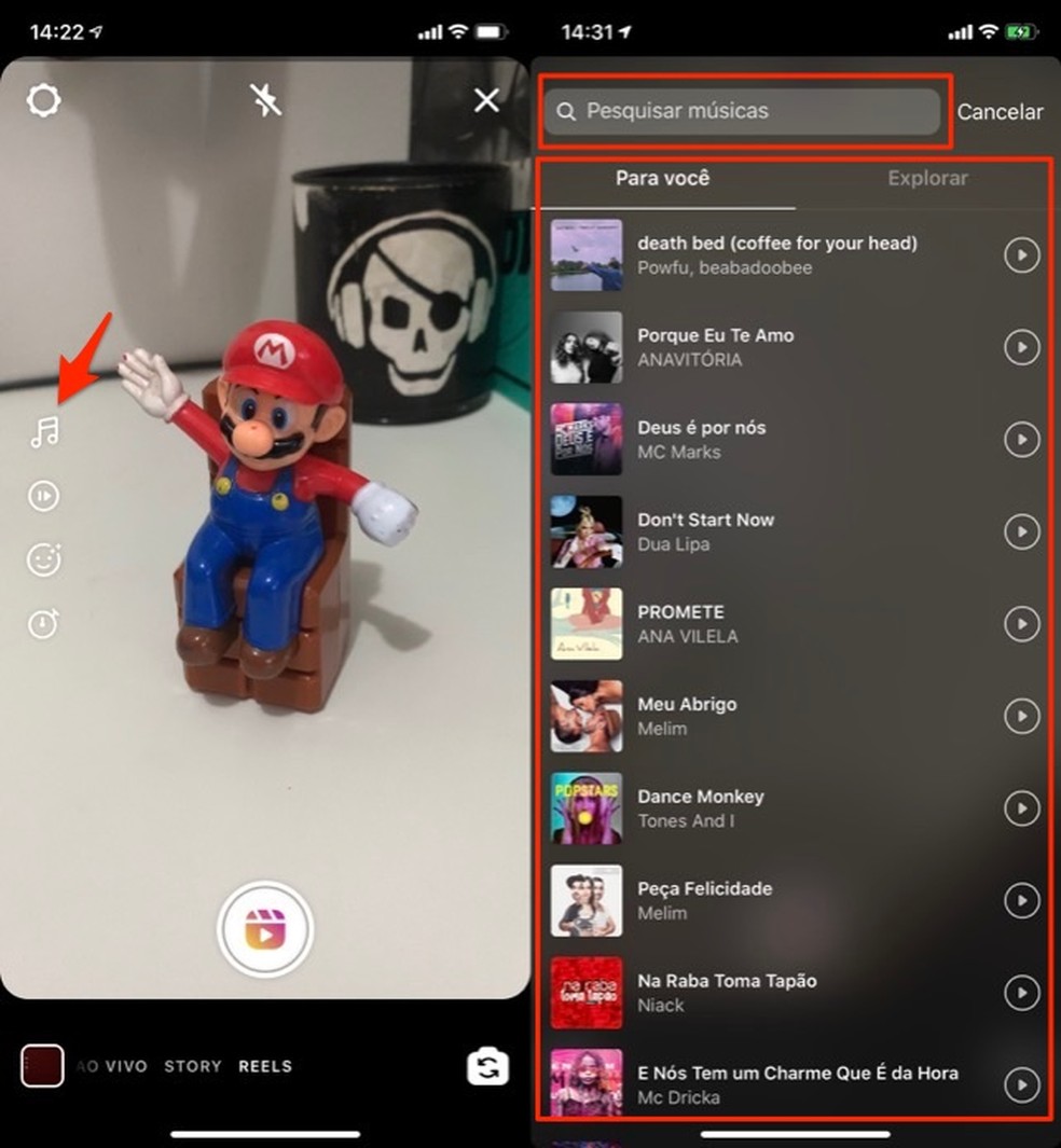 Ação para escolher uma música para tocar em um vídeo no Instagram Reels — Foto: Reprodução/Marvin Costa