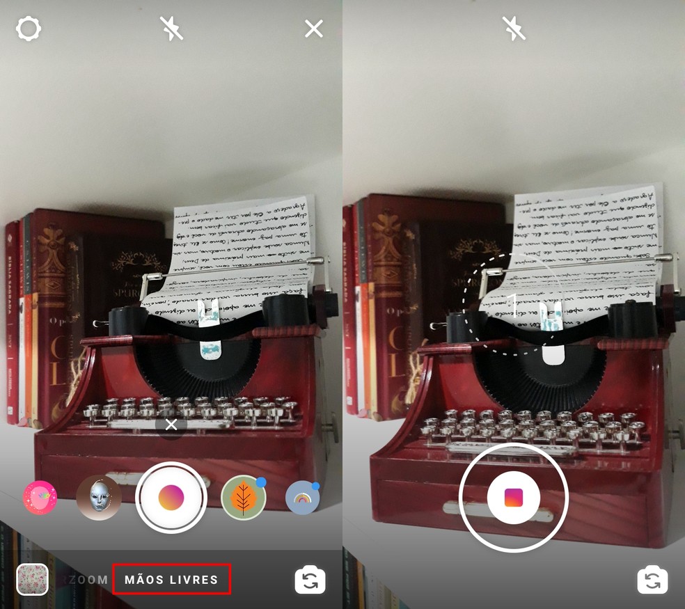 No modo "Mãos Livres" do Instagram Stories, segure o botão de captura para iniciar contagem regressiva — Foto: Reprodução/Ana Letícia Loubak