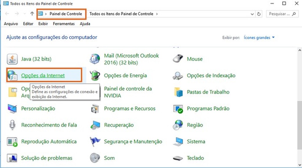 Abra as Opções de Internet no Painel de Controle (Foto: Reprodução/Barbara Mannara) — Foto: TechTudo