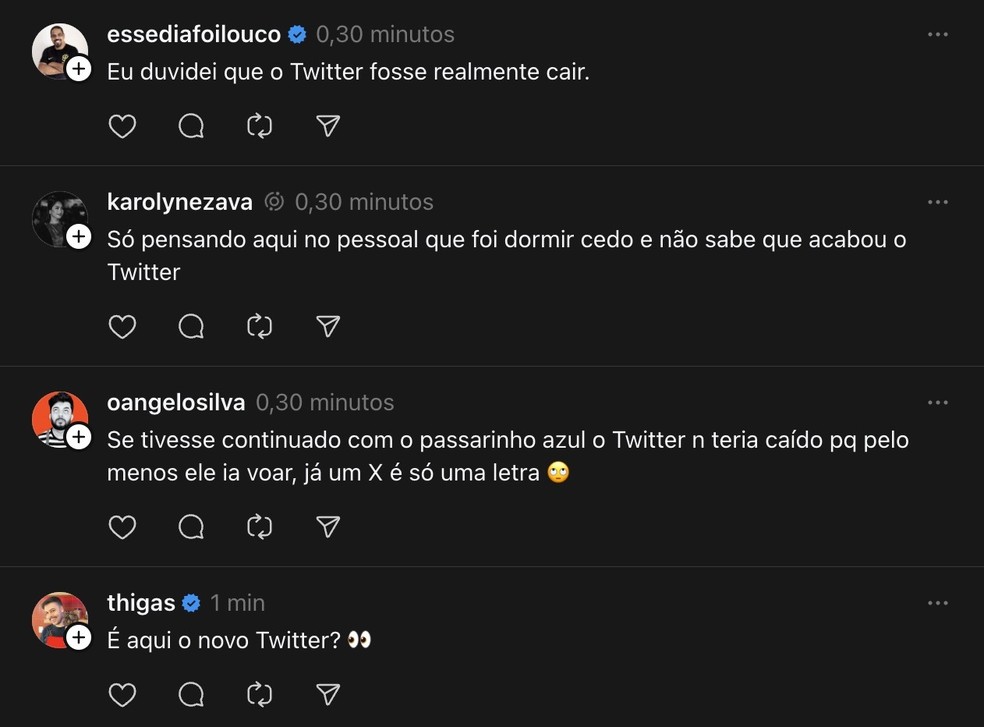 Twitter ficou fora do ar na madrugada deste sábado (31) e usuários relatam no Threads — Foto: Reprodução/Threads