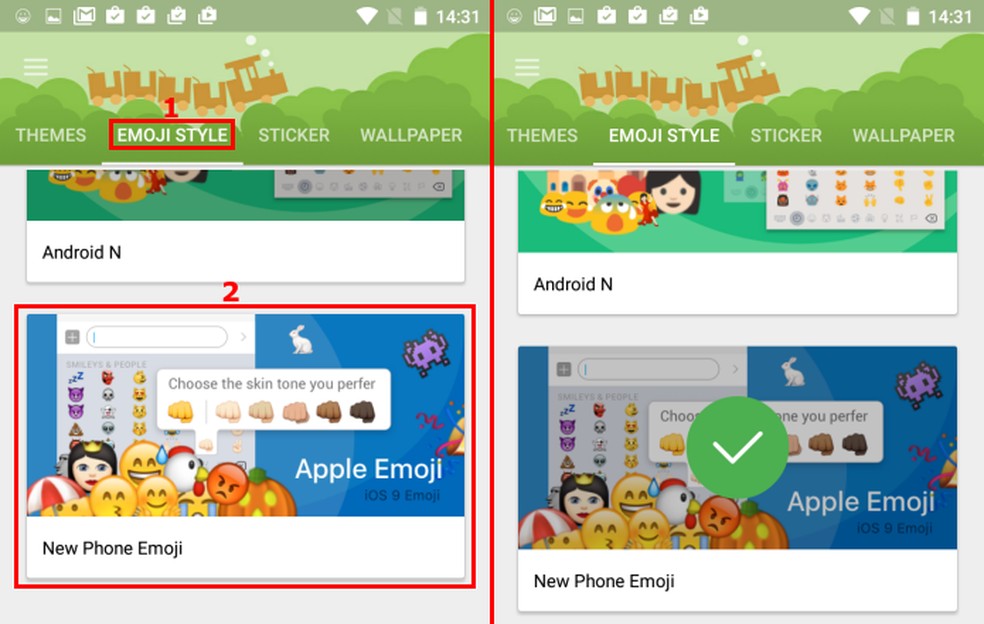 Selecionando e ativando o estilo New Phone Emoji (Foto: Reprodução/Edivaldo Brito) — Foto: TechTudo
