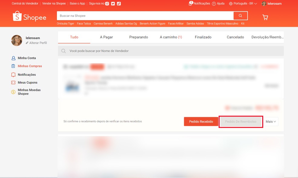 Saiba como pedir reembolso Shopee e cancelamento do pedido no PC; opção só vai ficar disponível após receber o produto em sua casa — Foto: Reprodução/Letícia Rosa