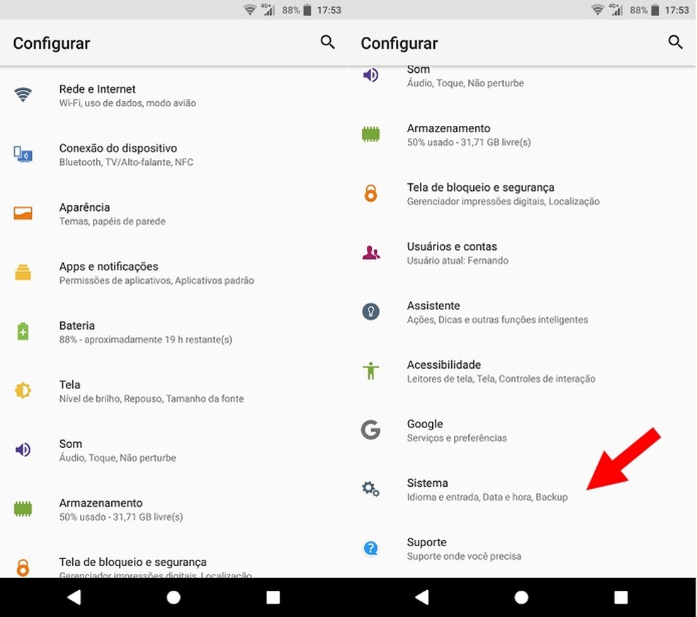Na tela de Configurações, busque pelos ajustes de Sistema — Foto: Fernando Telles/Techtudo
