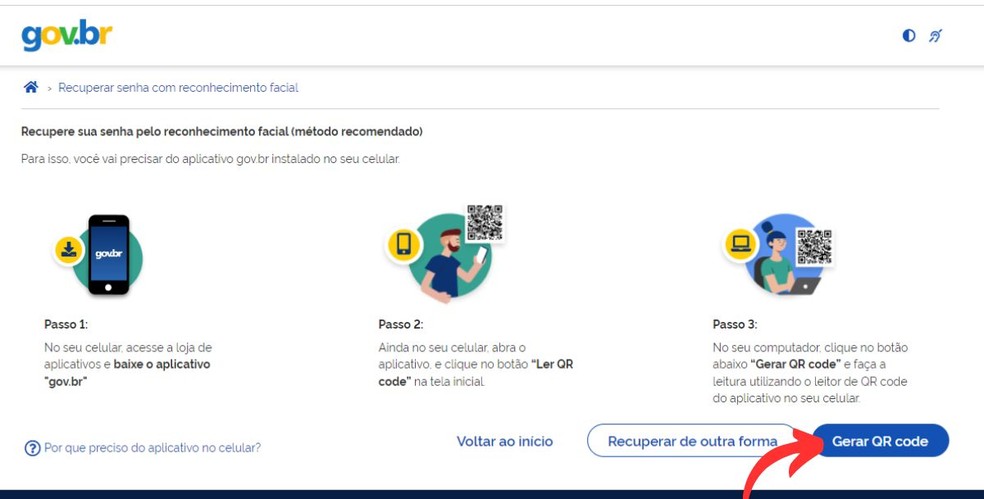 Opção para gerar QR code para recuperar senha via reconhecimento facial — Foto: Reprodução/Millena Borges