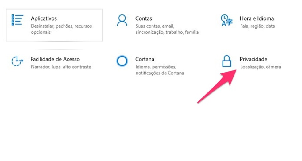 Ação para acessar as configurações de privacidade do Windows 10 — Foto: Reprodução/Marvin Costa