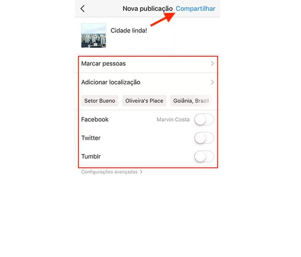 Opções de marcação e compartilhamento de uma foto no Instagram — Foto: Reprodução/Marvin Costa