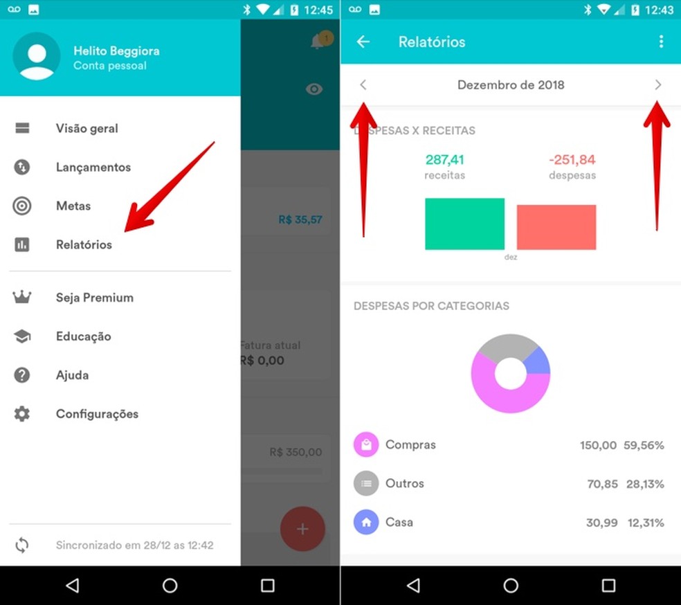 Visualize o relatório mensal do app Organizze no celular com sistema Android — Foto: Reprodução/Helito Beggiora