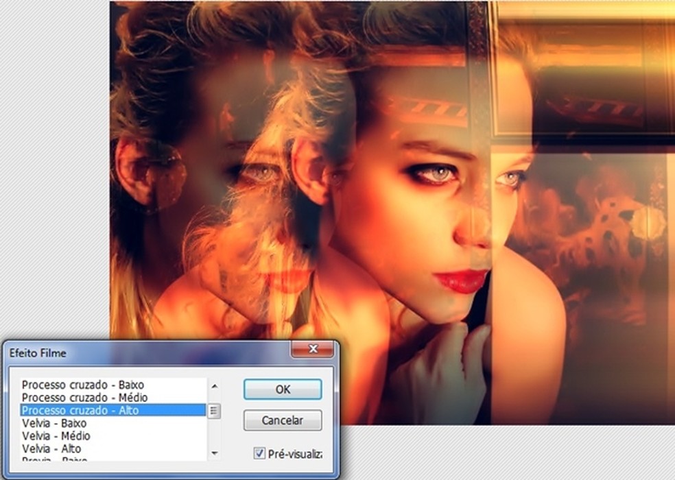 Janela do Efeito Filme com filtro 'Processo cruzado - Alto' selecionado (Foto: Reprodução/ Raquel Freire) — Foto: TechTudo
