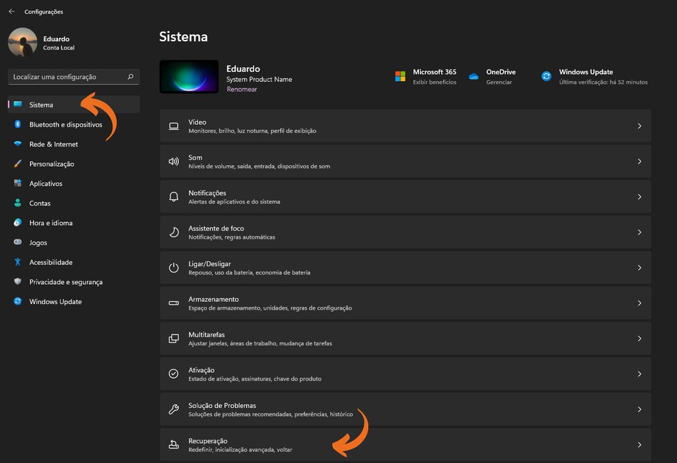 Como voltar para o Windows 10 após instalação do Windows 11: acesse as configurações para realizar procedimento — Foto: Reprodução/Eduardo Bartkevihi