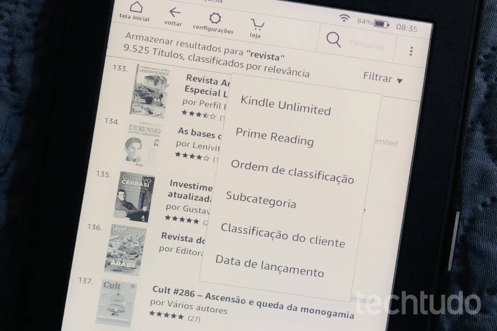 Pesquise por revistas no Kindle e filtre pelo Kindle Unlimited ou Prime Reading — Foto: Barbara Mannara/TechTudo