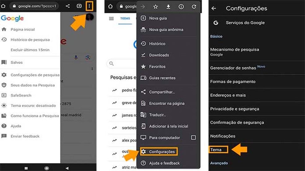 Etapas para ativar o modo escuro no Chrome pelo Android — Foto: Aricia Faria/TechTudo