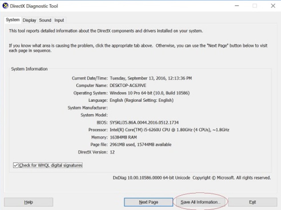 DirectX* Diagnostic Tool (Dxdiag.exe) — Foto: Divulgação/Intel