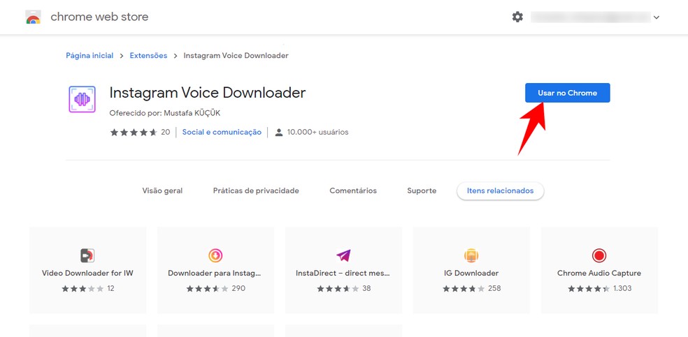 Baixando a extensão Instagram Voice Downloader no Chrome, que permite salvar áudio do Instagram — Foto: Reprodução/Rodrigo Fernandes