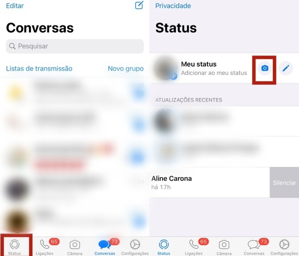 Abrindo o Status do WhatsApp para gravar um vídeo — Foto: Reprodução/Beatriz Maxima