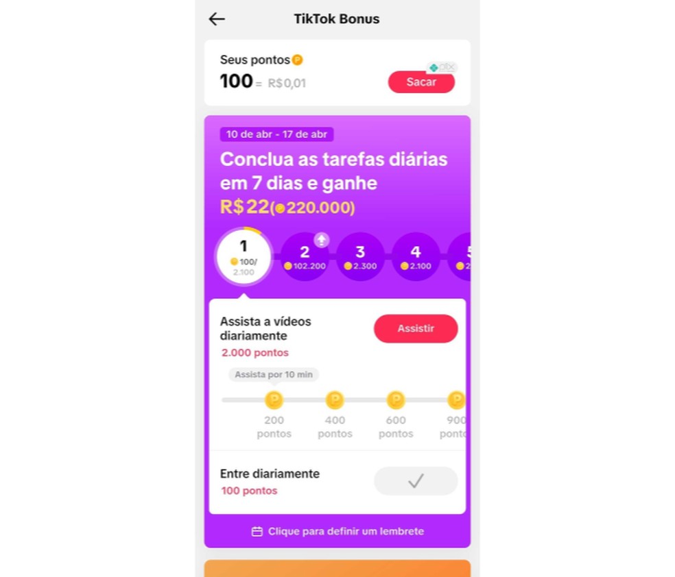 É possível ganhar dinheiro no TikTok assistindo vídeos por meio da campanha TikTok Bônus — Foto: Reprodução/Carolina Torres