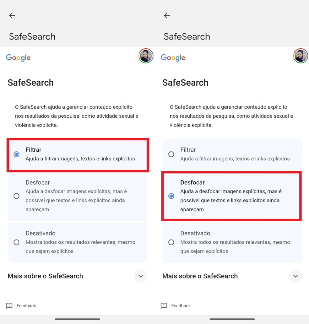 Selecione as opções "Filtrar" ou "Desfocar" para impedir a exibição de conteúdos impróprios no Google — Foto: Reprodução/Clara Fabro