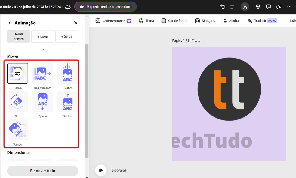 É possível usar diferentes animações no Adobe Express em recurso grátis — Foto: Reprodução/Rodrigo Fernandes