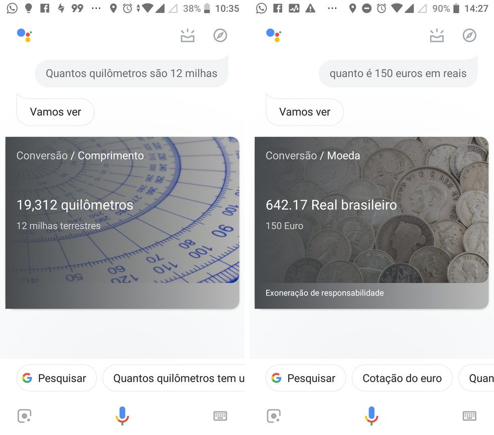 Faça conversões de moedas e medidas com a Google Assistente — Foto: Reprodução/Isabela Cabral