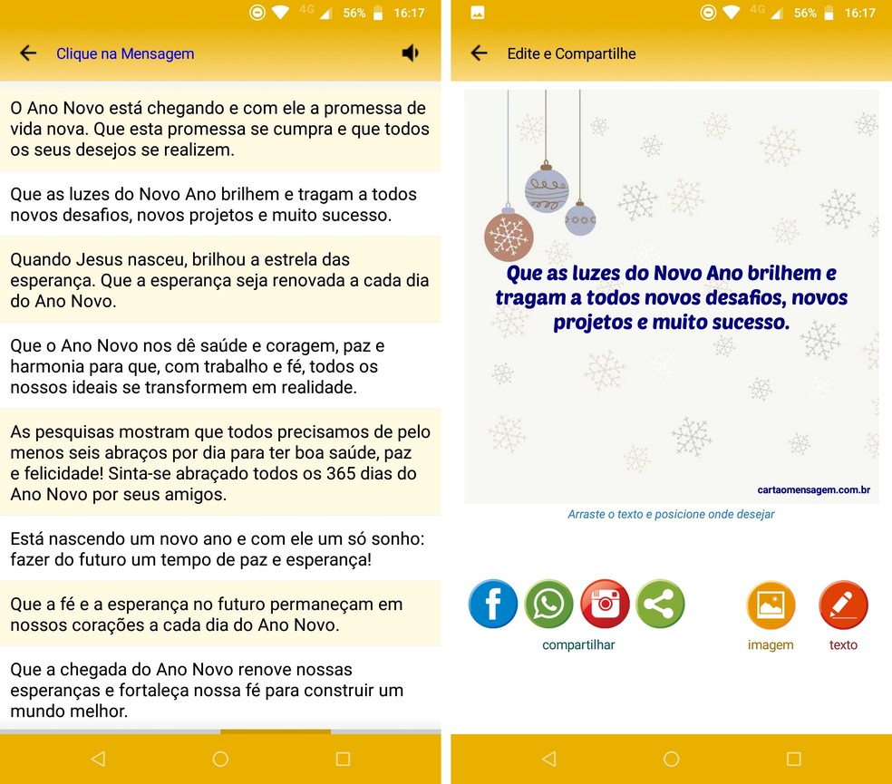 Mensagens de Natal e Ano Novo está disponível para Android e oferece textos para mensagem de Ano Novo 2020 — Foto: Reprodução/Rodrigo Fernandes