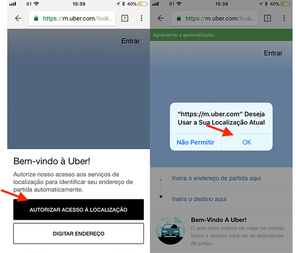 Ação para autorizar o site da Uber a usar a localização do celular — Foto: Reprodução/Marvin Costa