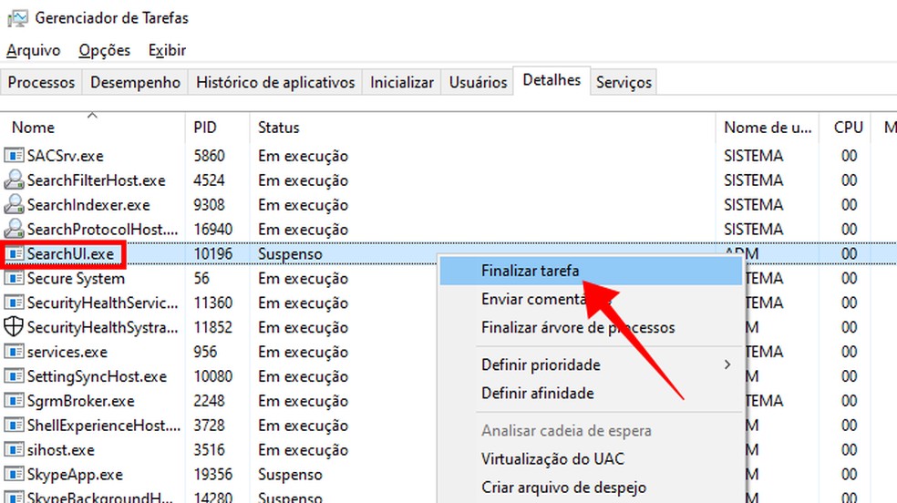 Finalize a tarefa SearchUI.exe — Foto: Reprodução/Paulo Alves