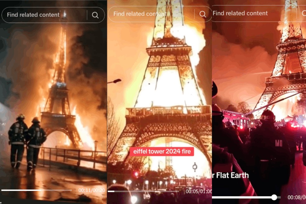 Torre Eiffel pegou fogo? Imagens feitas por IA viralizam na web; entenda — Foto: Reprodução/TikTok