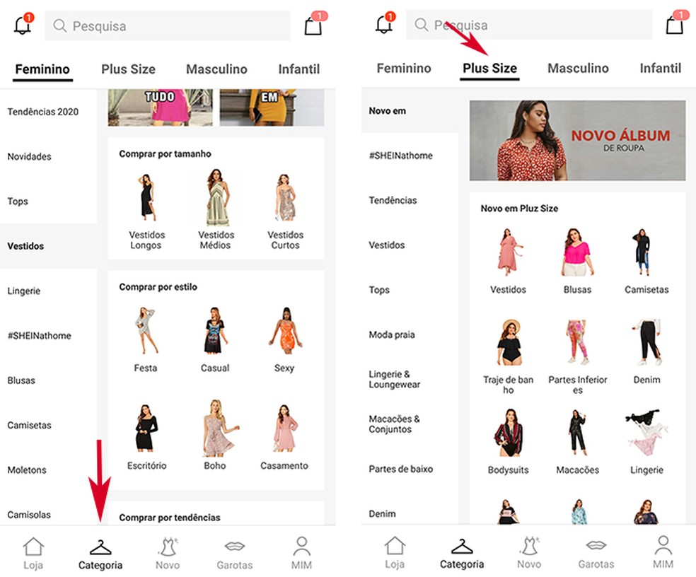 Shein: "Plus Size" é uma das opções de categoria disponíveis na loja — Foto: Reprodução/Marcela Franco